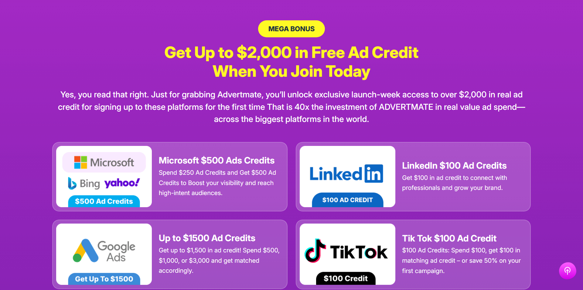 Overzicht van gratis advertentiekredieten beschikbaar via Advertmate inclusief Bing, LinkedIn en Google Ads credits
